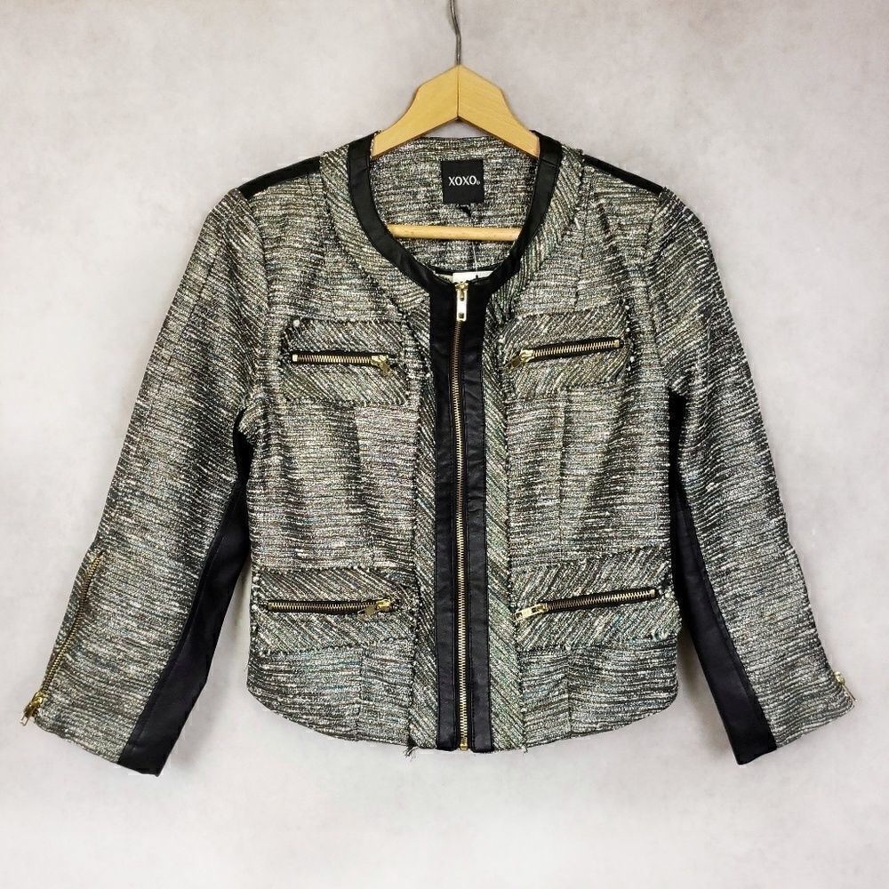 XOXO tweed and leather gray black short blazer M